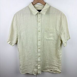 Vince 100% Linen Short Sleeve Shirt Light Pastel Yellow Green Mens Small